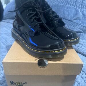 Dr. Martens Shiny Black Boots with Yellow Accents